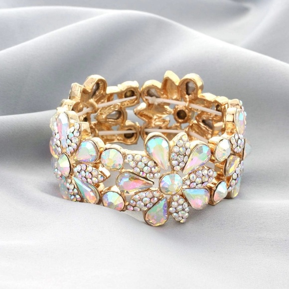 Sophia Collection Women's Floral Crystal Bangle Stretch Rhinestone Bracelet - Picture 1 of 6